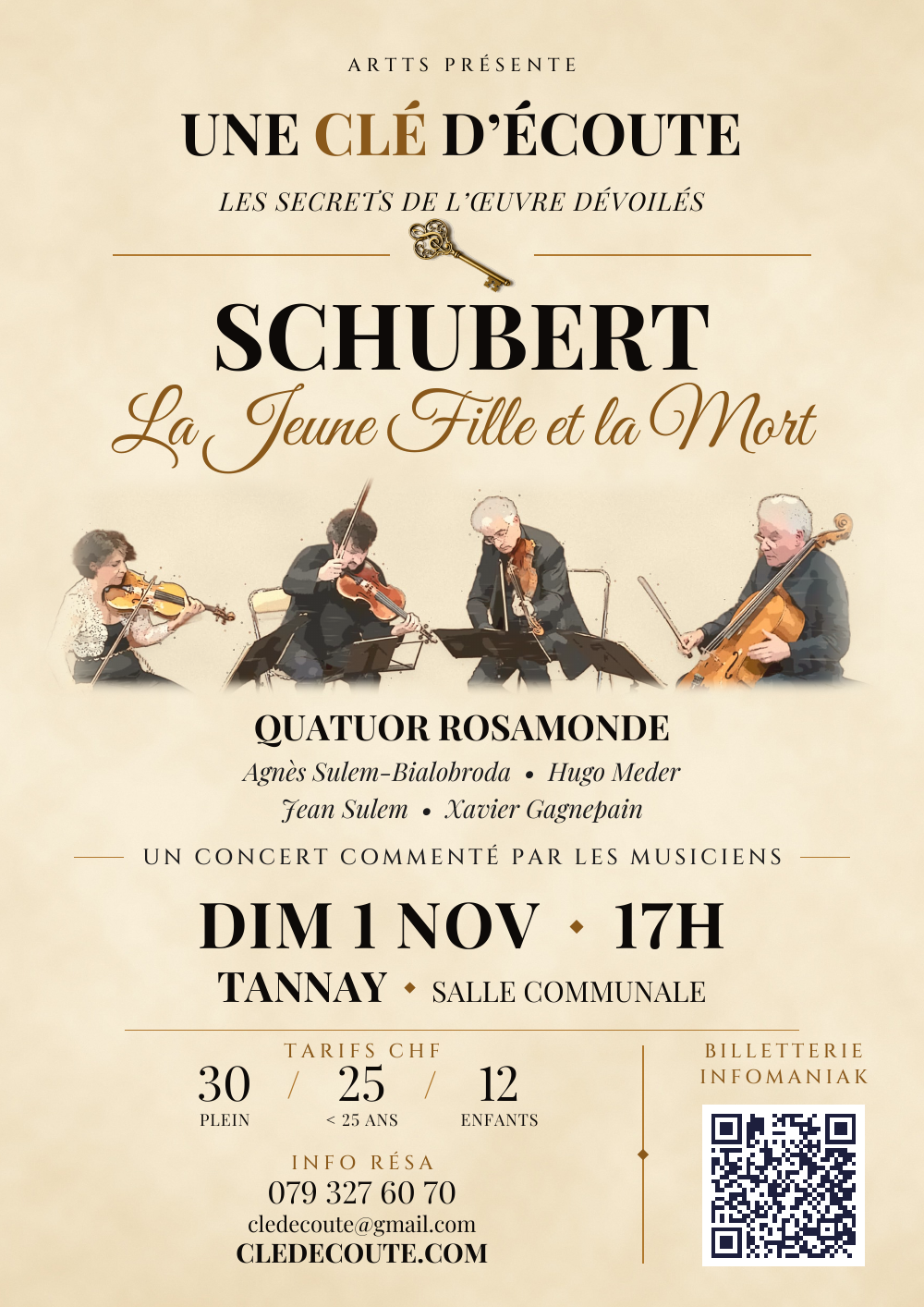 Clé d'Écoute — Schubert, La Jeune Fille et la Mort — Quatuor Rosamonde — Dimanche 1er novembre 2026, 17h, Salle communale de Tannay